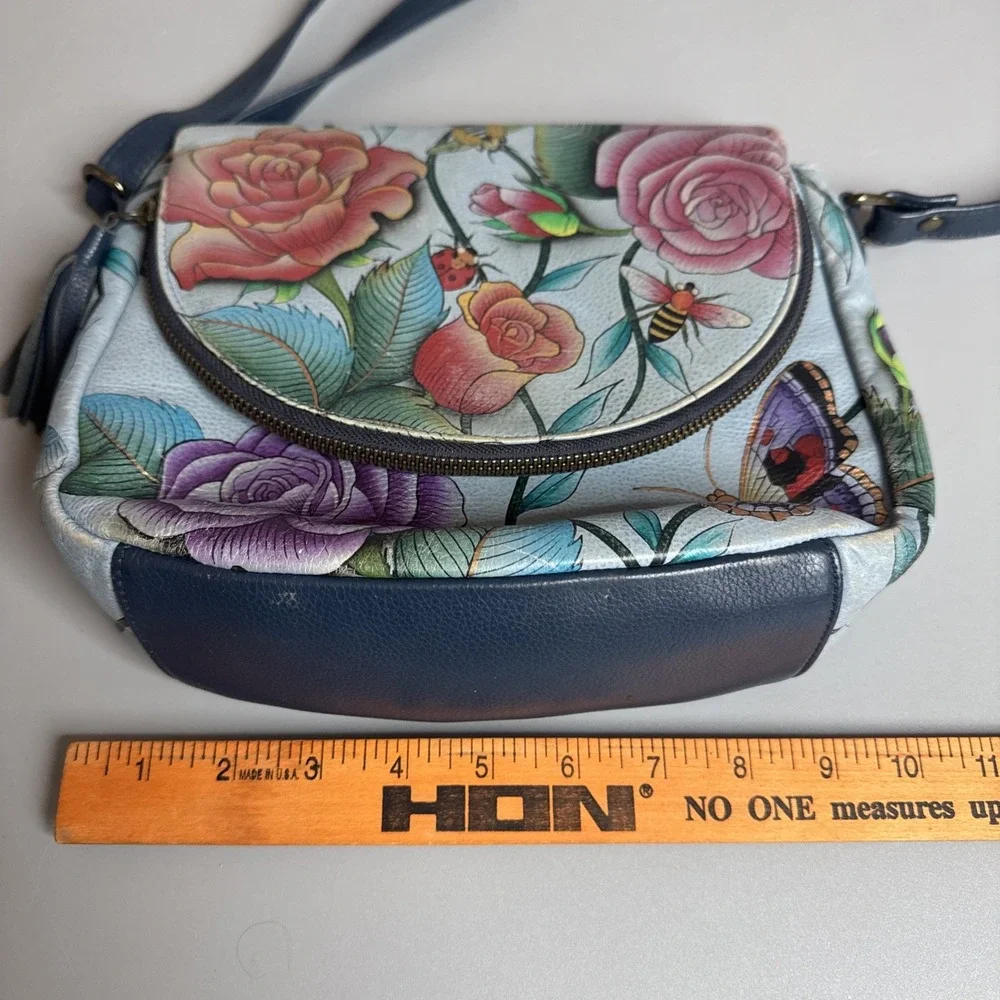 Anuschka Hand Painted‎ Floral Butterfly Leather Shoulder Bag Blue Bug Insect